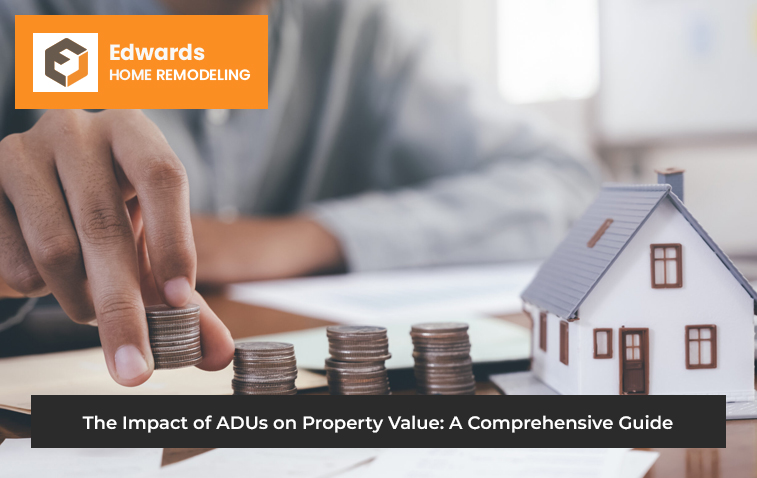 Man stacking coins in front of a miniature ADU model, symbolizing investment in property value.