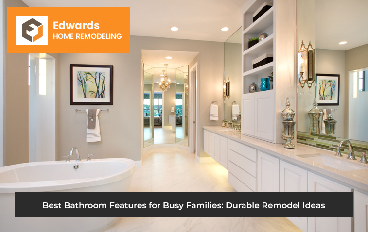 Modern bathroom with durable flooring, double sink, and organized storage for a family-friendly design.